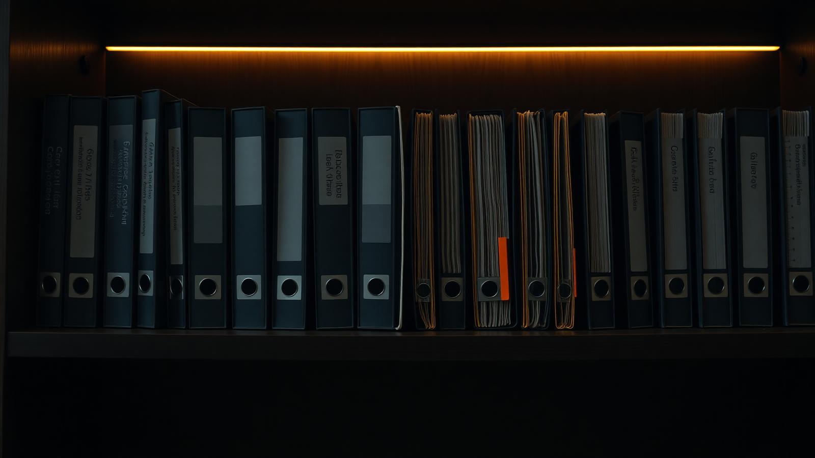 Organized folders of business financial and legal documents on an office shelf