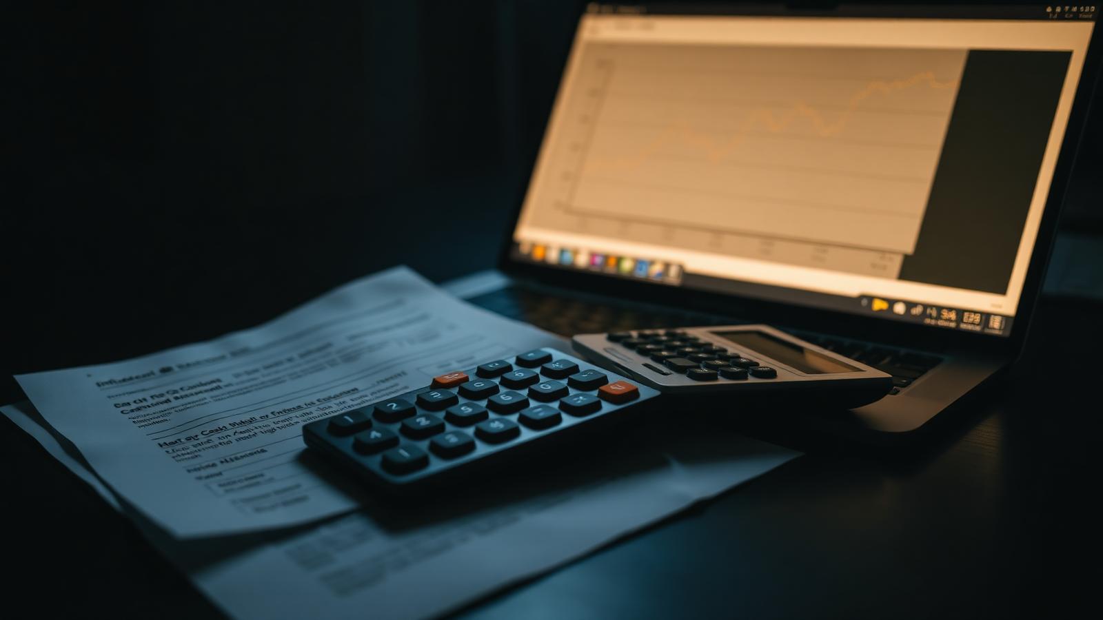 Business owner reviewing cash flow charts and bank statements at a desk