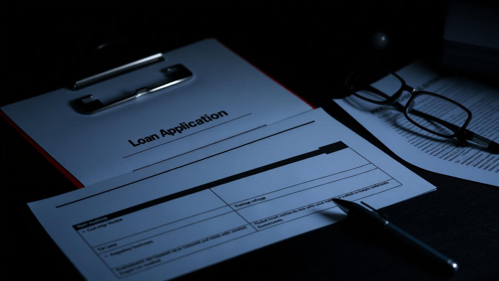 Loan officer reviewing a business credit file at a desk